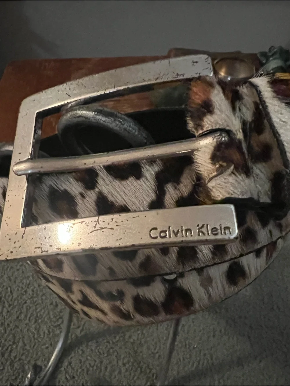 Calvin Klein Leopard Haircalf Belt with Silver Buckle
